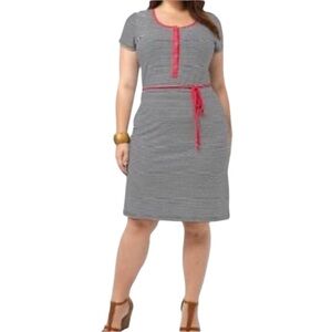 Lands’ End Navy Blue Striped Nautical Hot Pink Rope Waist Sash Dress